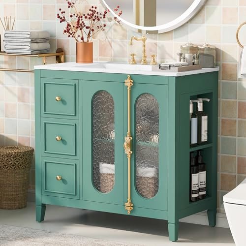 Merax 36" Bathroom Vanity with Sink, French Retro Bathroom Sink Cabinet with 3 Drawers, Glass Doors Storage Cabinet, Vintage Cremone Bolt, Side Storage, Ceramic Sink Top, Green