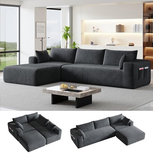 Domiqut 108" Cloud Couch Modular Sectional Sofa for Living Room,L Shaped Boneless Couch with Deep Seat Chaise,No Assembly Required Foam Sleeper Sofa for Apartments,Plush Corduroy Fabric, Dark Gray