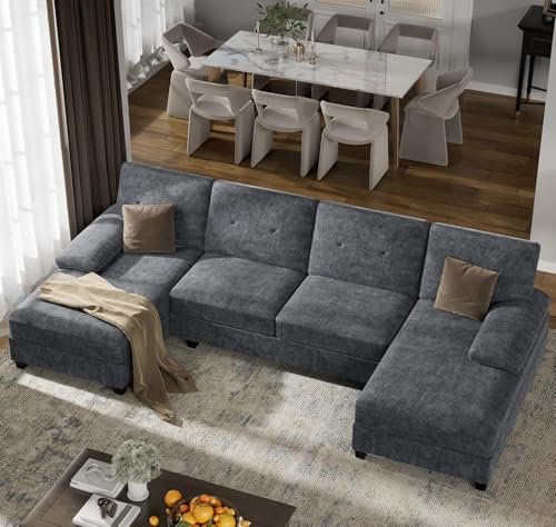 U-Shaped Sectional Couches for Living Room, 4 Seat Sofa with Double Chaise Lounges,Solid Wood Frame Sectional Sofa for Apartment,Dark Grey