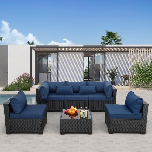 Rattaner Patio Sectional 6 Pieces All-Weather Wicker Patio Furniture Set Outdoor Sectional with Glass Table Non-Slip Cushions and Waterproof Cover, Navy Blue