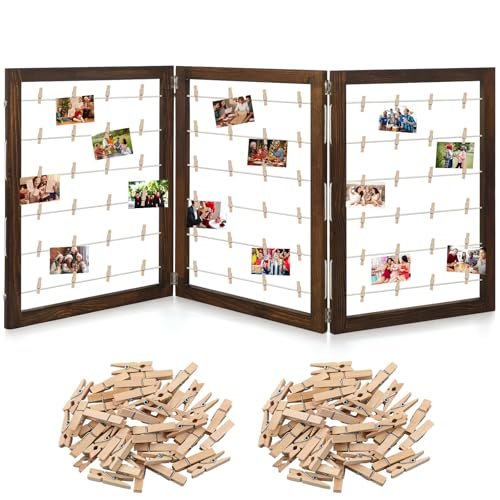 Geelin Photo Display Board with Clips Farmhouse Graduation Picture Display Wooden Rustic Freestanding Picture Collage Frame 2026 Grad Decor for Postcard Home Dorm(3 Panel,54 x 24 Inch)