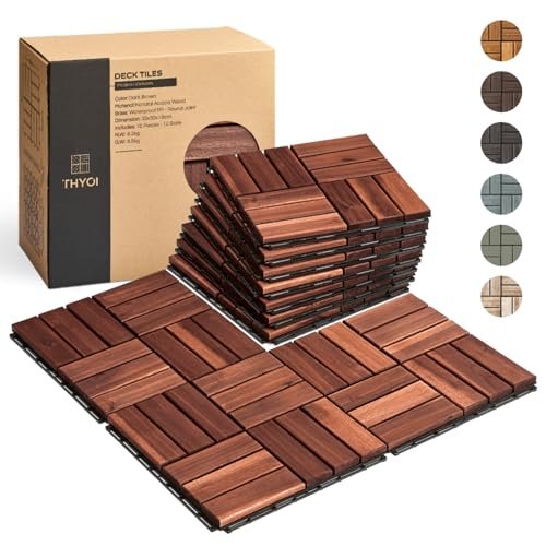 THYOI Premium Deck Tiles, Patio Flooring - Outdoor Waterproof Acacia Wood Tiles for All Weather Use - Balcony, Backyard, Indoor & Outdoor (Square Ft) (10, Dark Brown, 12S)