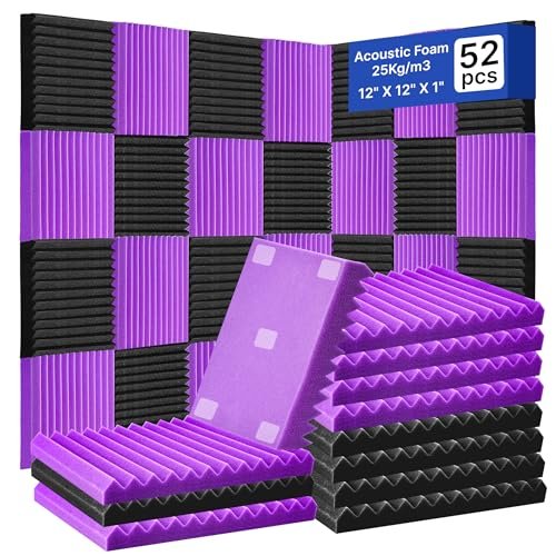 52 Pack Acoustic Foam Panels,1" x 12" x 12"Acoustic Wedge Studio Foam Sound Absorption Wall Panels (Black/Purple)