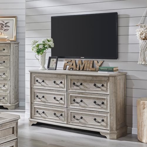 T4TREAM Farmhouse 6 Drawers Dresser for Bedroom, 54" Wide Wood Rustic Chest of Drawers with Natural Texture, Vintage Design, Storage Dressers Organizer for Bedroom, Living Room Light Rustic Oak