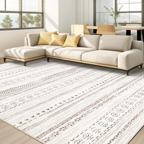 kakania 8x10 Washable Area Rug: Non Slip Soft Thin Carpet, Boho Geometric Modern Decor, Easy Clean Indoor Floor Large Rugs for Living Room Bedroom Kids Dorm Office Dining - Brown