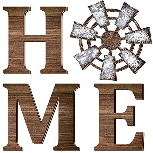 Qunclay 4 Pcs Windmill Wall Decor Wooden Home Letters Decoration Rustic Farmhouse Home Hanging Wood Sign Farmhouse Wall Decor for Living Room Kitchen Bedroom Porch(Brown)