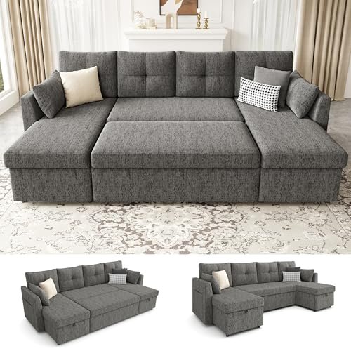 Huatean Home Oversized Sleeper Couch Sofa, 110 inch 2 in 1 Pull Out Couch with Double Storage Chaise, Sectional Sleeper Sofa Bed with Side Pocket for Living Room, Dark Grey