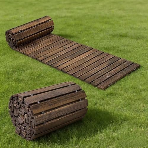 WELUKGUUD Wooden Garden Pathway, Outdoor Roll Out Decorative Garden Walkway, Weather-Resistant Non-Slip Wooden Walkway Pavers for Backyard, Beach, Wedding Party Paths(Carbonized, 8FT Straight)