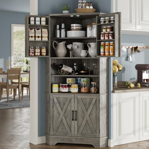 Befrases Corner Cabinet, 67''H Kitchen Pantry Storage Cabinet, 6-Tier Corner Food Pantry Hutch with 4 Barn Doors and Shelves, Tall Farmhouse Furniture for Kitchen Dining Living Room, Grey