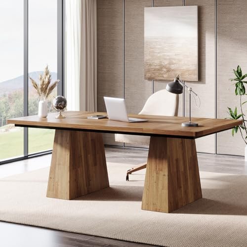 Tribesigns 63-Inch Executive Desk, Large Office Computer Desk with Double Pedestal, Modern Simple Workstations Writing Table Conference Table Business Furniture for Home Office, Light Brown