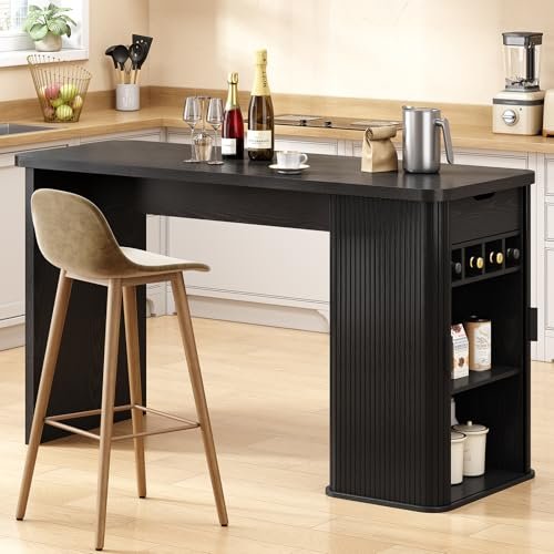 ONBRILL 59 Inch Kitchen Island with Storage, Fluted Counter Height Table, Mid-Century Modern Kitchen Island Table with Sliding Door, Home Bar Tables with Wine Rack and Drawers Black