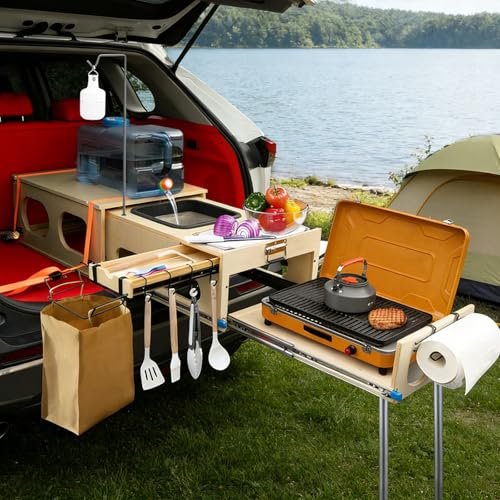 JAGAHAHA Overland Kitchen Slide-Out System, All-in-One Camp Kitchen Box with Sink, Chopping and Cooking, Right Side, Folding Camping Table for SUV, Overlanding, Car Camping, 1-Minute Setup
