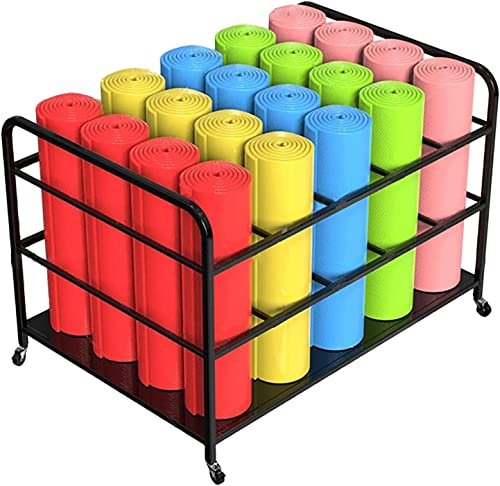 FEITJMMW Large Yoga Mat Storage Cart with Wheels, Floor Metal Yoga Mat Holder Basket, Gym Foam Rollers Organizer, for Gym/Yoga Studio Hold 20 Exercise Mats