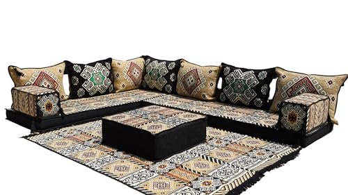 arabicsofa 4" Thick L Shaped Floor Couch, Seating, Floor Pillow, Sectional Sofa Set, Patio Furniture, Arabic Majlis (L Sofa + Rug + Ottoman, 4'' Thickness (10 cm))