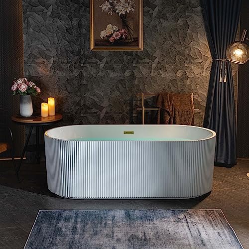WOODBRIDGE 67" L x 31-1/2" W Freestanding Contemporary Soaking Bathtub,Unique Pleated Design,with Brushed Gold Pop-Up Drain Drain and Overflow Option, White,B1526-BG