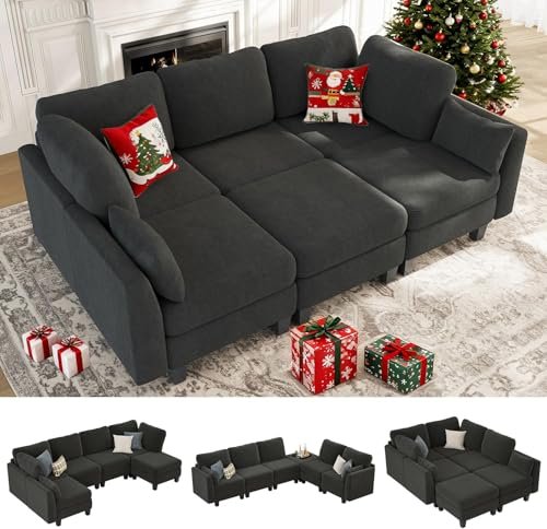 Dowiean Sectional Sleeper Sofa, 6 Seaters Modular Sleeper Sofa Couch, Comfy Sectionals Couches Bed, Convertible Sofas with Ottomans, Modular Sectional Couches for Living Room, Dark Grey