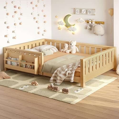 Bellemave Full Size Floor Bed with Slats and Safety Guardrail, Full Size Montessori Floor Bed with Fence and Built-in Bookshelf, Easy Assemble Montessori Beds for Kids, Girls, Boys, Light Natural