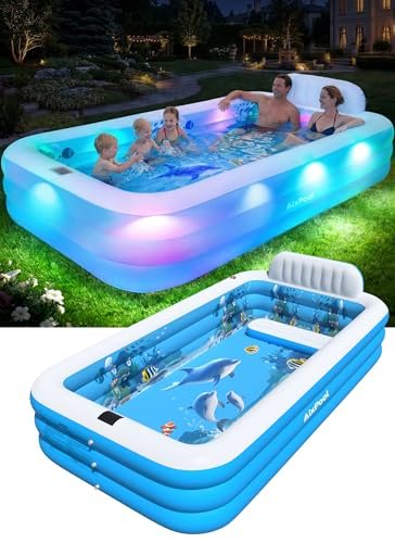 AixPool Extra Large Inflatable Pool With Lights,Upgraded Solar Powered Blow Up Pool For Adults,Inflatable Kids Swimming Pool with Seat& Backrest,Big Inflatable Kids Pool For Backyard,120x73x20IN-White
