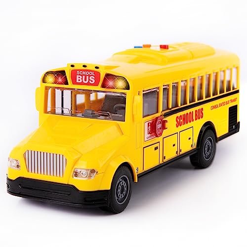 ArtCreativity Yellow School Bus Toy with Flashing Lights & Sound, Friction Powered 1/16 Scale School Bus Toy for Kids with 4 Sounds & Lights, Back & Side Doors Open, Easter Gifts for Kids Ages 3+