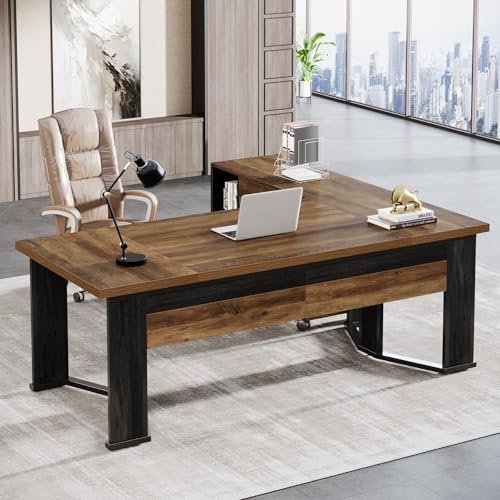 Tribesigns 70.86" Executive Desk with Mobile File Cabinet, Large L Shaped Computer Office Desk with 2 Drawers and Storage Shelves, Business Furniture Desk Workstation for Home Office (Rustic Brown)