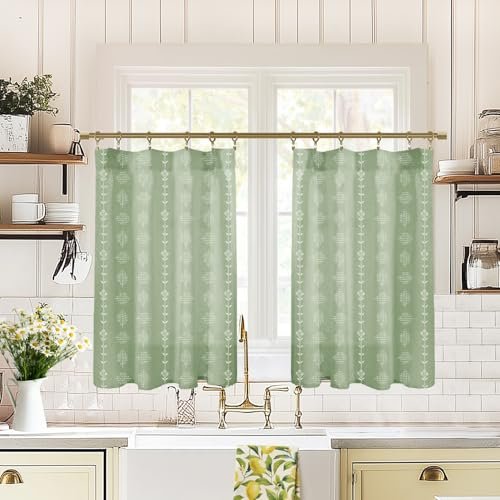 Lino Rosa Short Curtains for Windows Bathroom Bedroom,Green Boho Cute Aesthetic Farmhouse Sheer RV Window Curtains