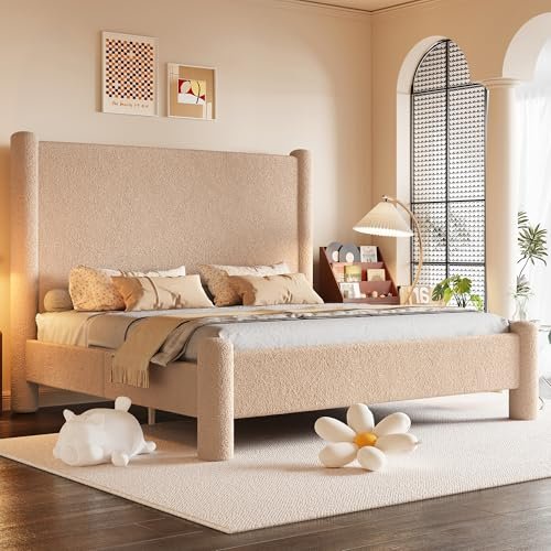 Jocisland Queen Size Upholstered Bed Frame with Boucle Chenille Fabric, Cloud-Inspired Headboard & Corner Design, Sturdy Platform Bed, No Box Spring Needed, Khaki