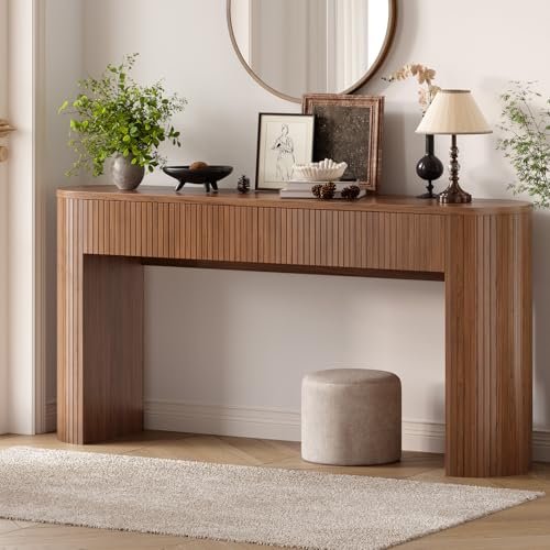 63 Inch Console Table with 2 Drawers, Fluted Entryway Tables with Storage, Sofa Table Behind The Couch, Hallway Tables, Mid-Century Modern Foyer Table for Entryway, Hallway, Living Room, Walnut