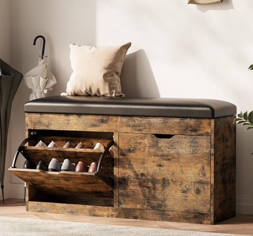 astimey 40" Shoe Storage Bench with 2 Flip Drawers & Padded Seat Cushion, Shoe Cabinet with Lift Top Storage Box, Shoe Bench Shoe Organizer for Entryway, Hallway, Living Room, Vintage Brown
