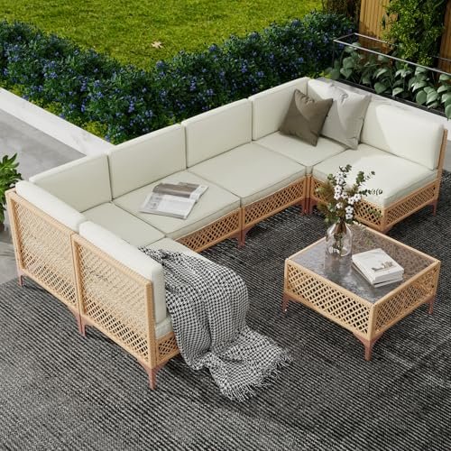 LYNSLIM Outdoor Patio Furniture Set, Wicker Outdoor Sectional Set, Boho Patio Conversation Sectional Sofa with Large Tempered Glass Coffee Table and Waterproof Cushion (7-Piece Thickened)
