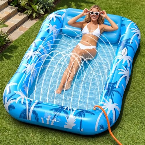 Inflatable Tanning Pool Lounger Float with Sprinkler, X-Large Pool Floats with Auto Spray Cooling, 6 in 1 Sunbathing Lounge Floatie Raft Toys, Blow Up Pool Tanning Bed for Adults Kids Gifts