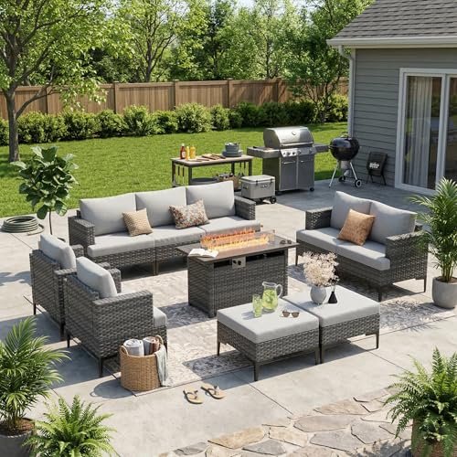 WELYAS 10 Piece Luxury Patio Furniture Set with 44" Fire Pit Table All Weather Outdoor Sectional with Thick Cushions Wicker Patio Conversation Set for Heavy People Backyard, Deck, Garden