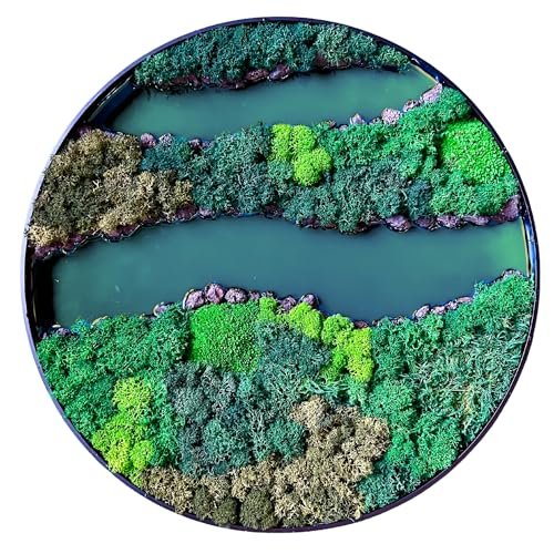 Serenzy 16" Round Moss Wall Art with Teal Epoxy River and Volcanic Rock | 3D Preserved Biophilic Decor | Zero Maintenance Office & Home Accent | Unique Housewarming Gift