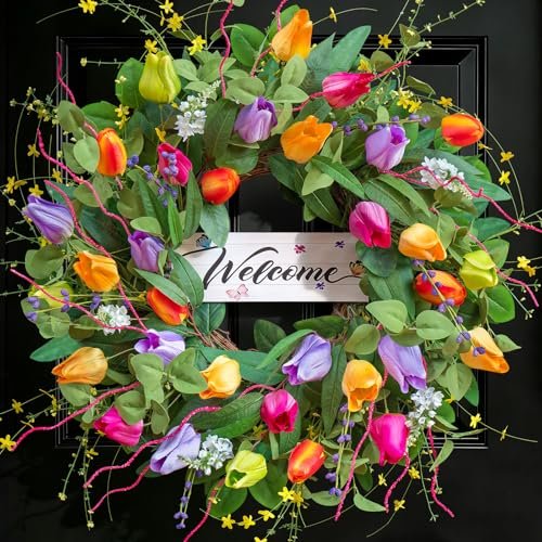 Spring Summer Wreaths for Front Door 24 Inch, Tulip Spring Summer Wreath with Welcome Sign, Artificial Floral Spring Door Wreath for Outdoor Front Door, Farmhouse Seasonal Summer Wreath