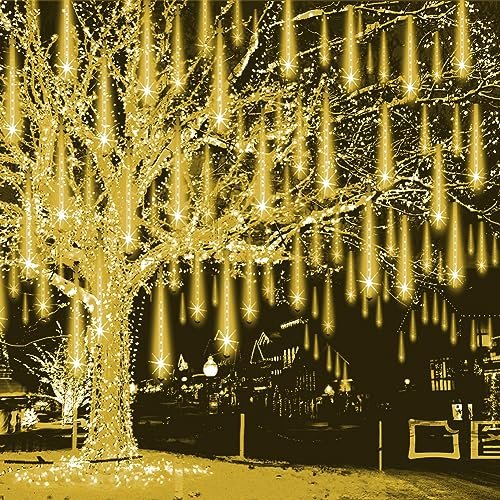 Weepong Christmas Lights Outdoor Falling Rain Meteor Shower Lights 12 inch 8 Tube 192 LED Snowfall Icicle Cascading String Light for Xmas Tree Christmas Decorations Holiday Garden, UL Plug,Warm White