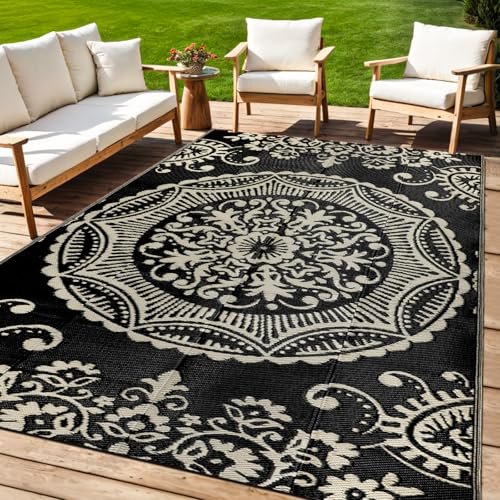 Capslpad 5x8 Outdoor Rug Waterproof Camel Boho Floral Patio Carpet Portable Plastic Straw Rug Foldable Outside Carpet with Carry Bag for RV Backyard Balcony Bench Picnic Porch
