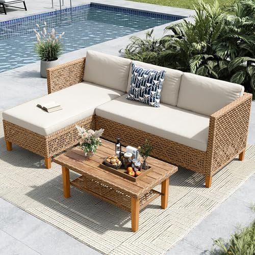 MFSTUDIO L Shaped Outdoor Couch Set, Wicker Patio Furniture Set, Rattan Outdoor Sectional Sofa with Acacia Wood Coffee Table, 3 Pieces Small Patio Conversation Set for Backyard, Beige