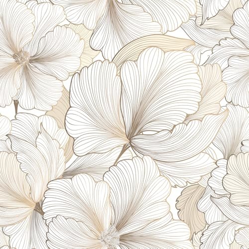 FunStick 17.5"x354" White and Gold Floral Contact Paper for Walls Beige Gold Ginkgo Leaf Floral Peel and Stick Wallpaper for Bedroom Kitchen Accent Wall Removable Boho Tan Hibiscus Flower Wall Paper