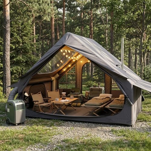 Inflatable Camping Tent for 4-6 Person, with Electric Air Pump, 4 Season Waterproof Windproof, Clear Skylight & 420D Oxford Waterproof, Air Tent with Mesh Windows/Doors