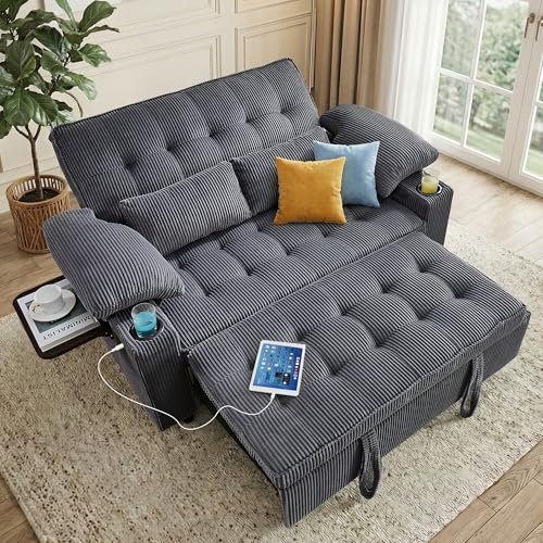 Wakefit 58in Sleeper Sofa Bed, Convertible Pull Out Couch Bed Full Size Corduroy Fabric Loveseat for Living Room, Apartment, Office(Darkgrey)