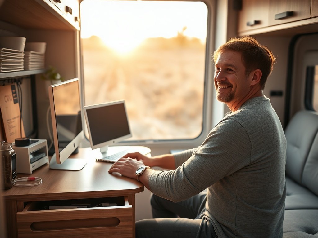 How a 32 x 21 inch RV desk creates a real work zone: the compact sit-stand setup that saves space