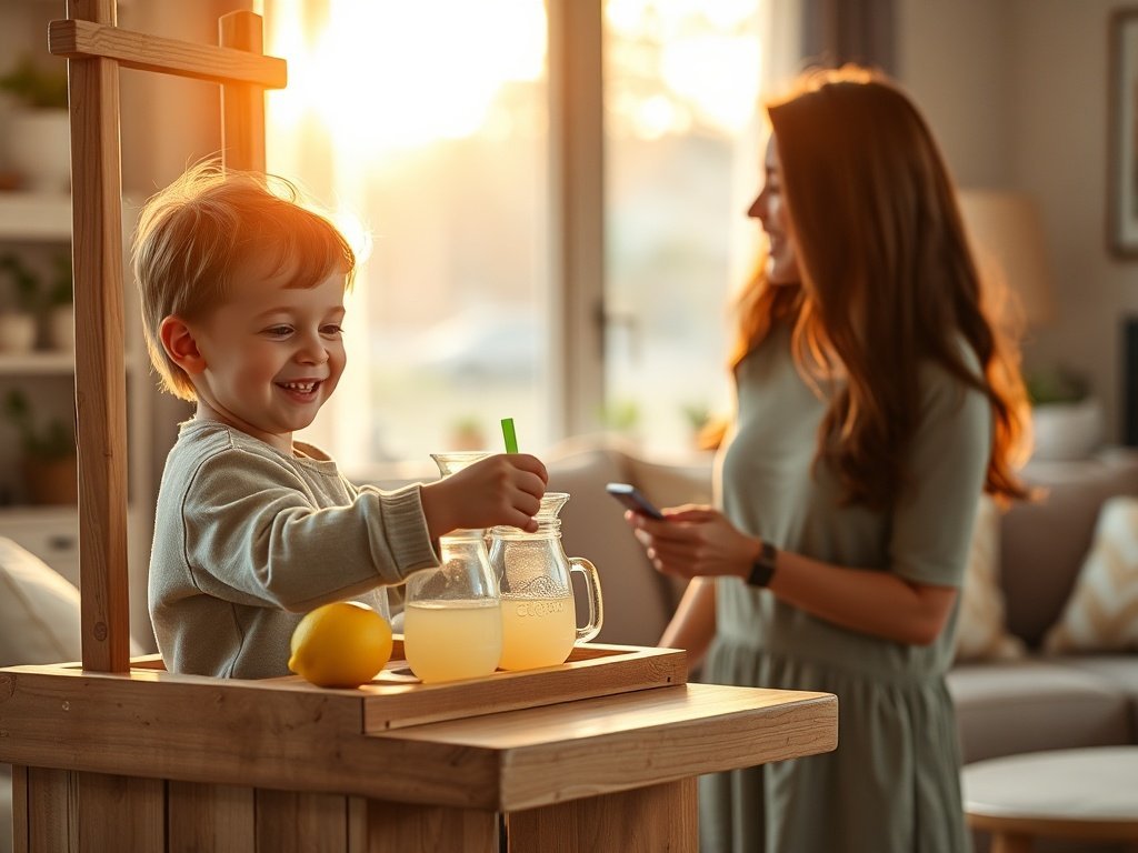 How a Wooden Lemonade Stand Creates a 3-in-1 Pretend Market Corner in a Small Living Room