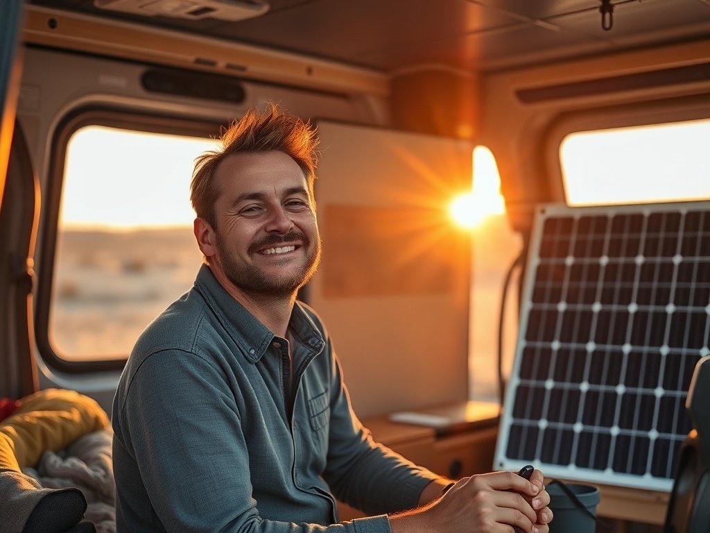 Turn a solar van office into a reliable off-grid workspace with a 200W foldable panel built for travel, storms, and backup power