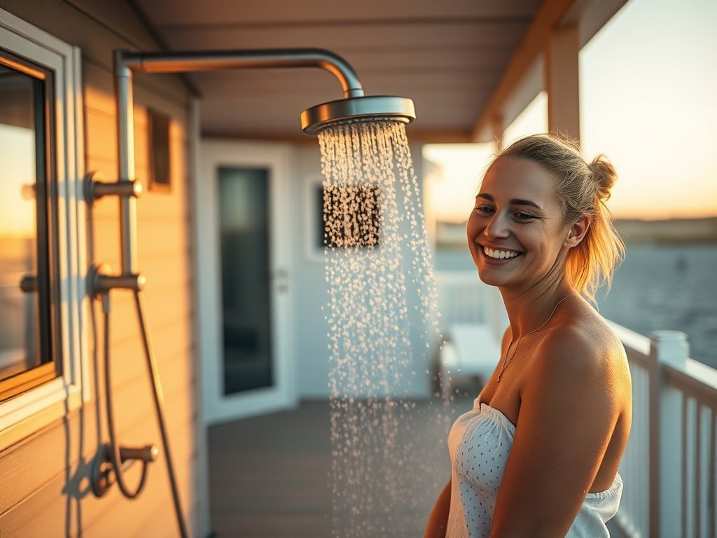 Turn a cramped coastal rinse area into a spa-like escape with a $129.99 dual-function shower system for tiny houses