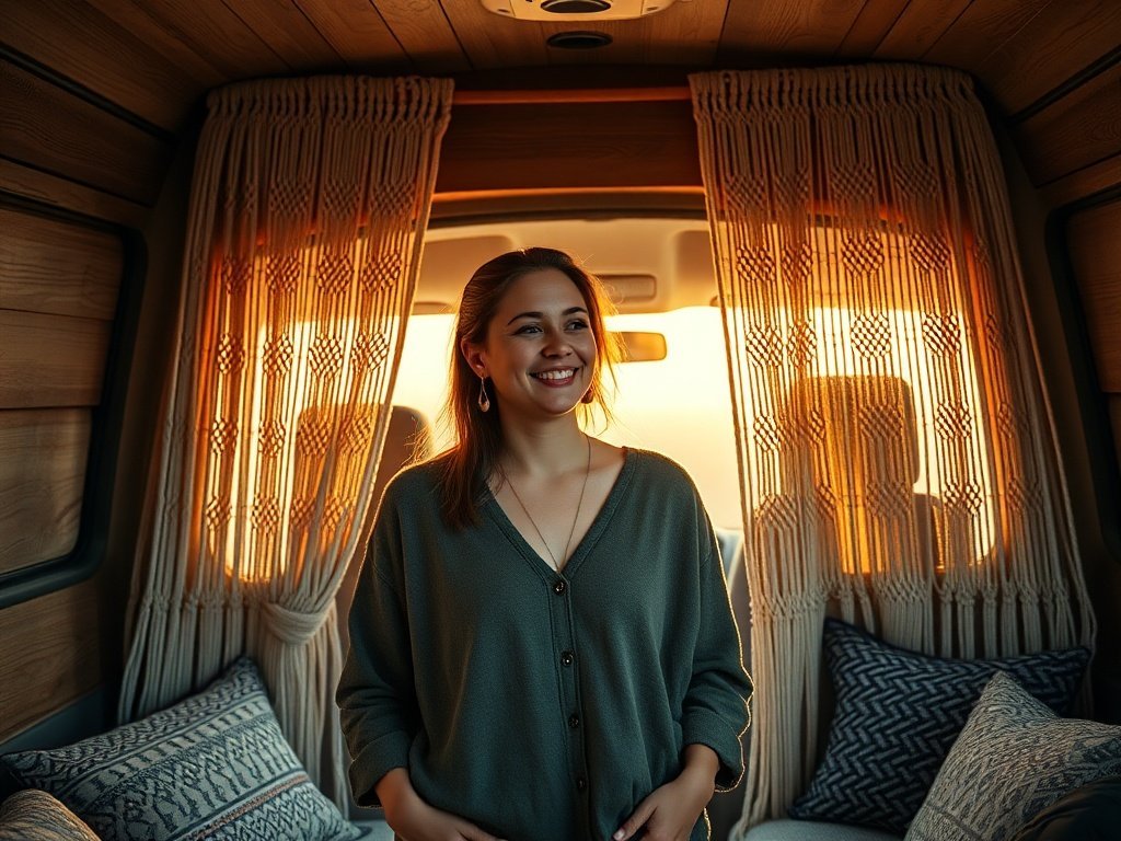 How a 2-panel woven macrame layer can turn a plain van lounge into a moody bohemian retreat without a remodel