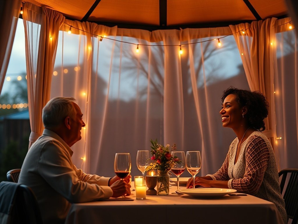 Turn a 10’x12′ gazebo into a private, weather-ready dinner party space with waterproof curtain panels