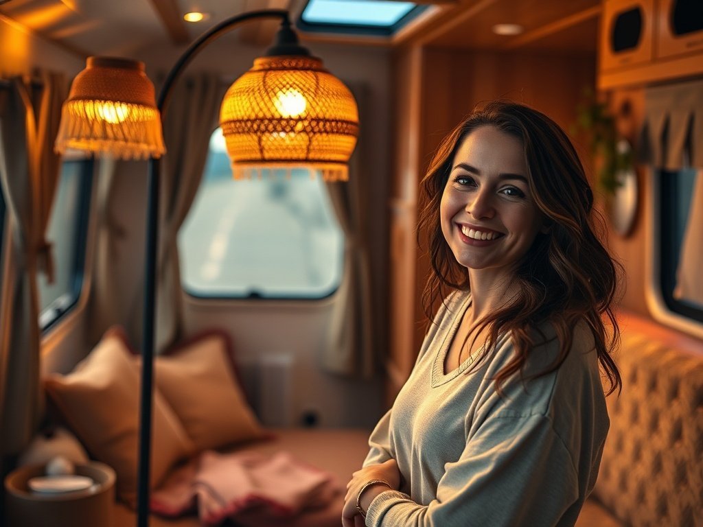 How a $45.99 boho floor lamp can turn a dull camper corner into a warm, finished retreat