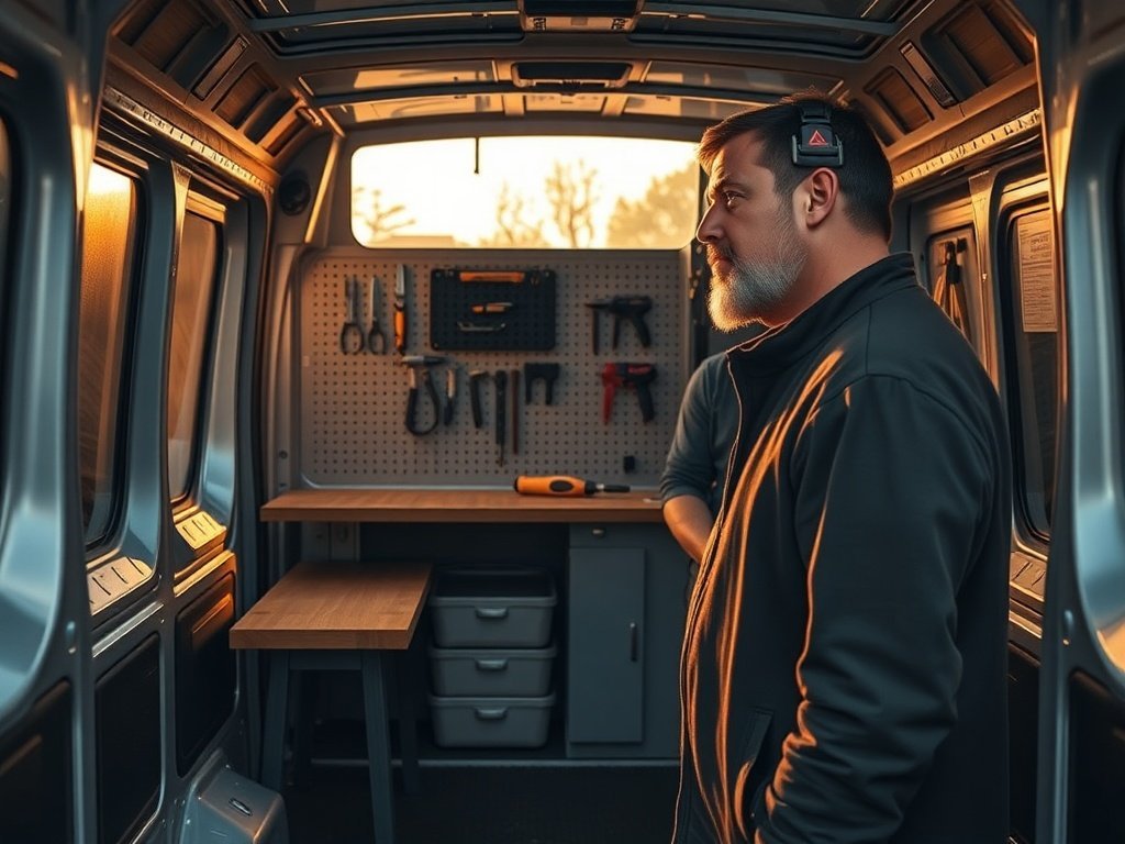 Turn a cramped van into a real mobile workshop with one 60-inch workbench that keeps tools, power, and projects within reach