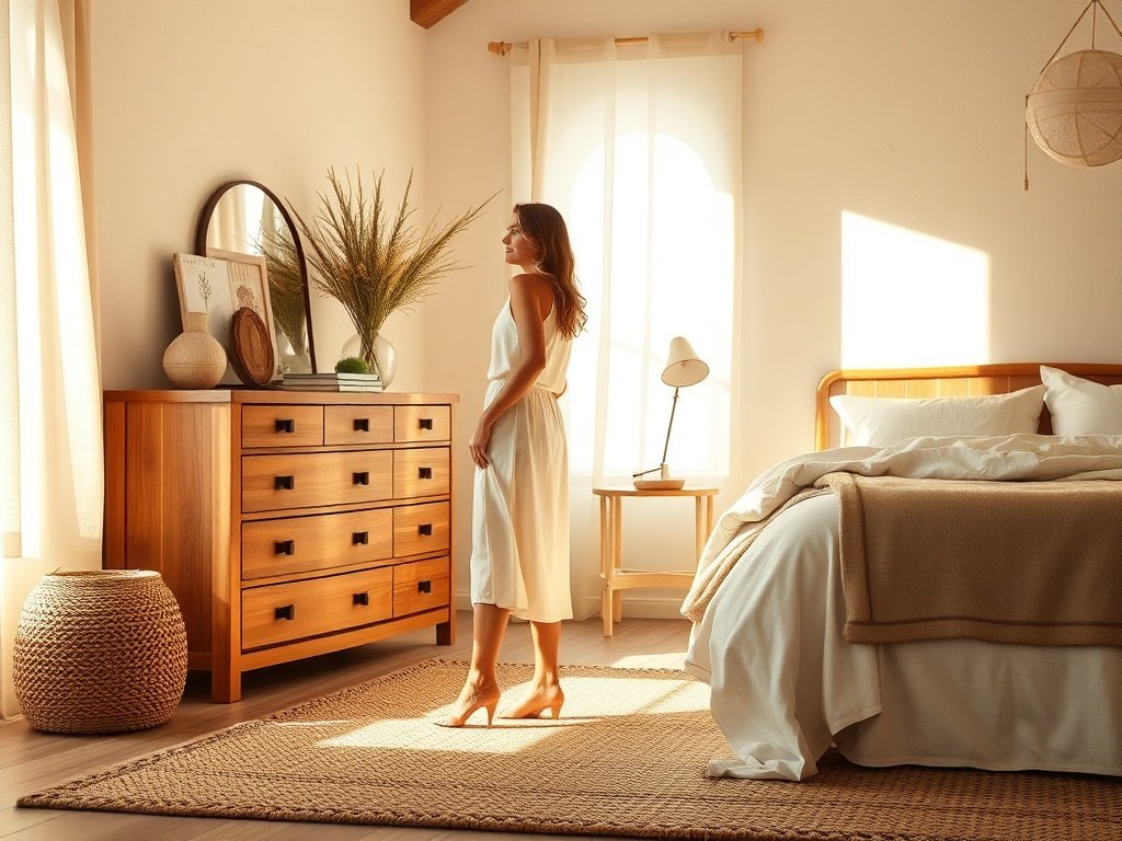 Turn a cluttered bedroom into a calm desert oasis with one 6-drawer rustic dresser that hides clutter and finishes the room