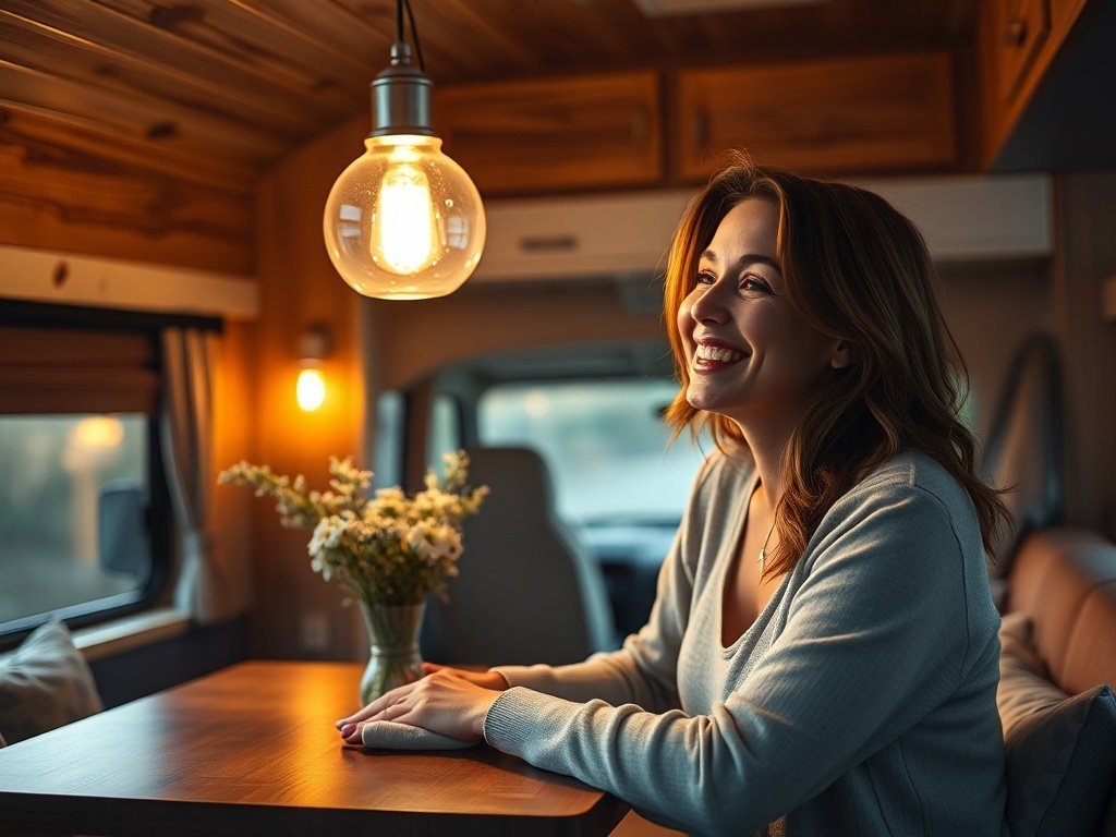 Turn one dull RV ceiling into a designed-looking space with a 12V dimmable pendant light