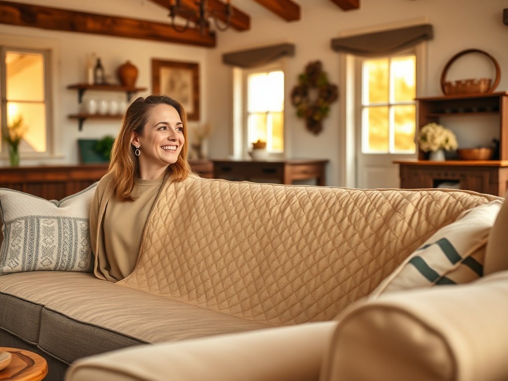 How a $35 quilted farmhouse sofa cover can make a tired couch look finished in minutes